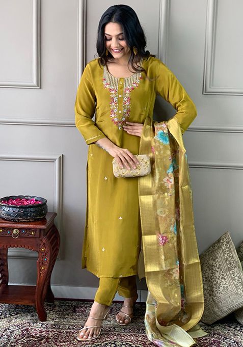 Olive Embroidered Chanderi Viscose Kurta Set