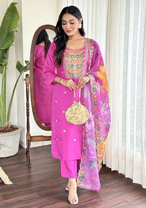 Fuchsia Pink Embroidered Chanderi Viscose Kurta Set