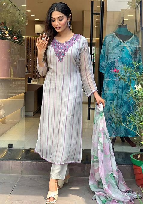 Off White Embroidered Silk Kurta Set