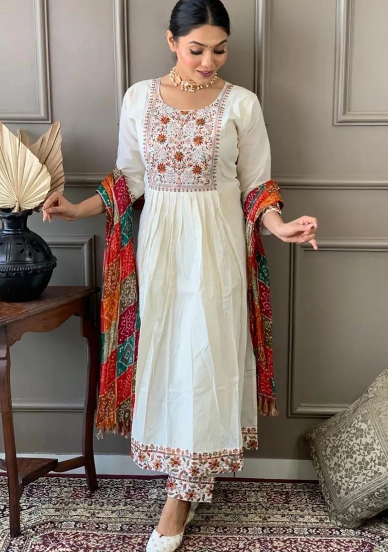 White Embroidered Chanderi Viscose Kurta Set