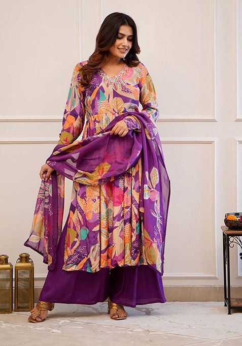 Purple Embroidered Silk Kurta Set