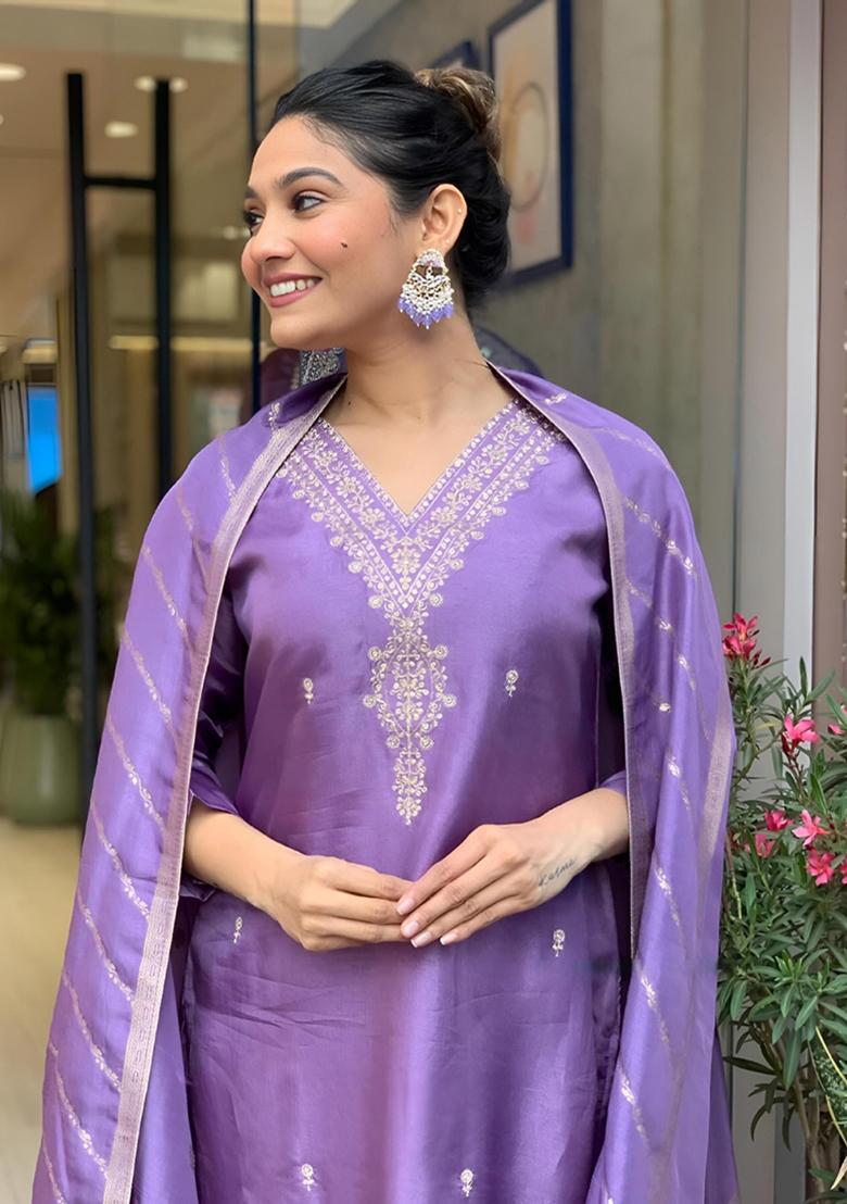 Light Violet Embroidered Chanderi Viscose Kurta Set