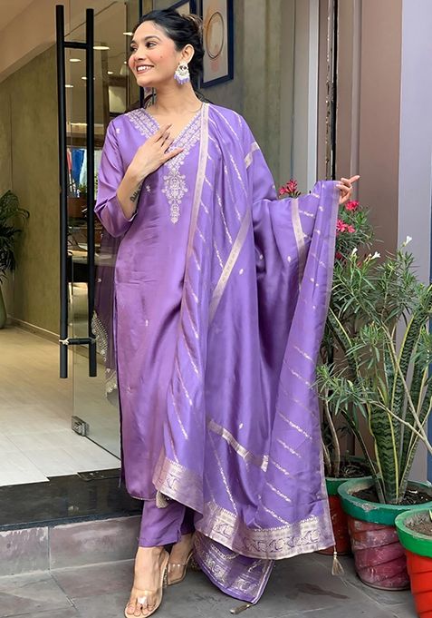 Light Violet Embroidered Chanderi Viscose Kurta Set