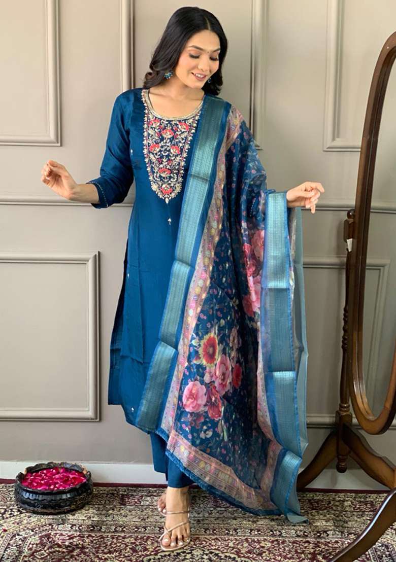 Navy Blue Embroidered Chanderi Straight Kurta Set - Indya