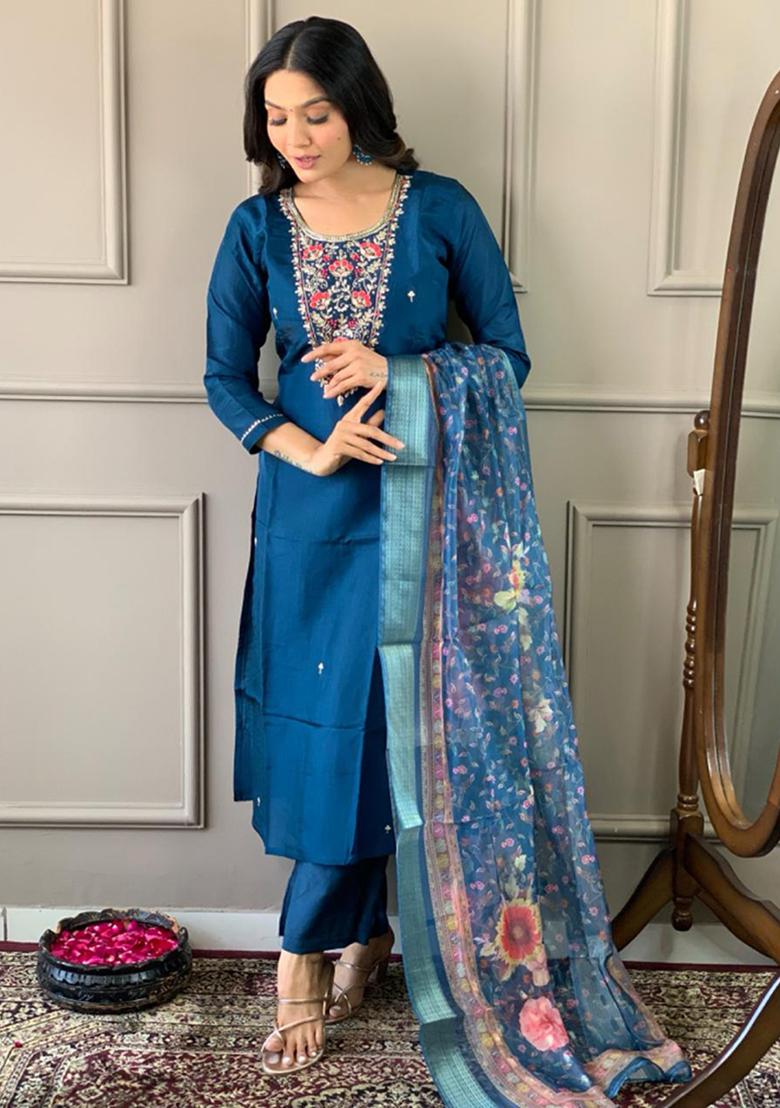 Navy Blue Embroidered Chanderi Viscose Kurta Set