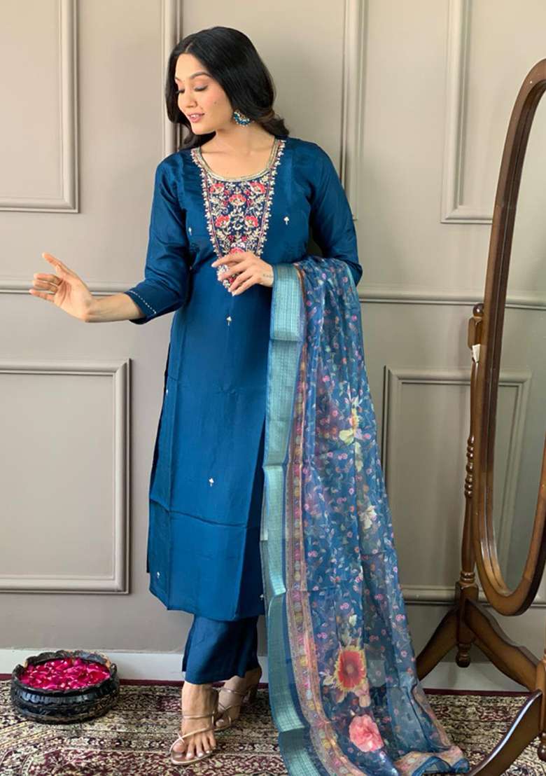 Navy Blue Embroidered Chanderi Straight Kurta Set - Indya