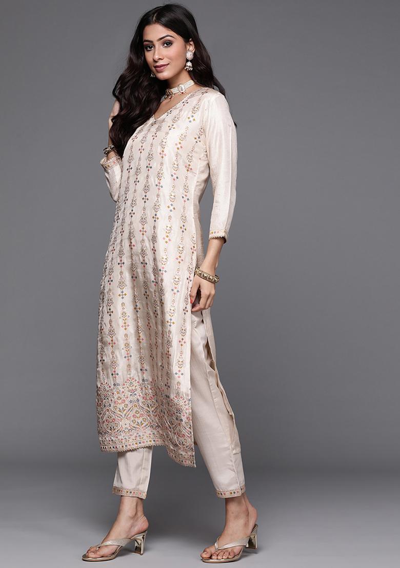 White Embroidered Jacquard Kurta Set