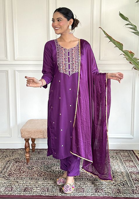 Purple Embroidered Rayon Kurta Set