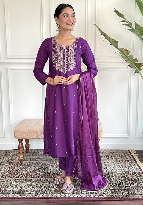 Women's Printed Knee Length Rayon Kurta Set With Cotton Dupatta (Purple)