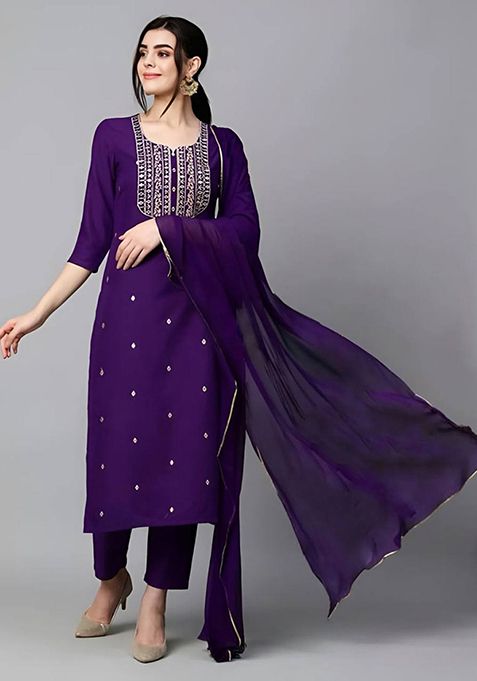 Dark Purple Embroidered Rayon Kurta Set