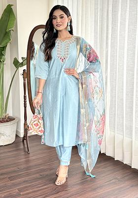 Sky Blue Embroidered Chanderi Viscose Kurta Set