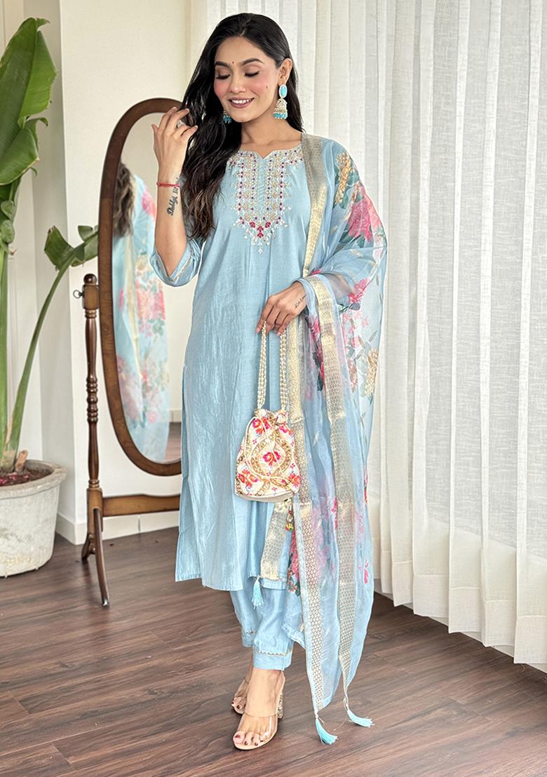 Sky Blue Embroidered Chanderi Viscose Kurta Set