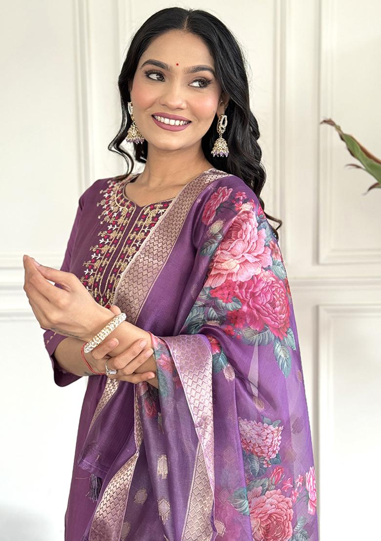 Purple Embroidered Chanderi Viscose Kurta Set