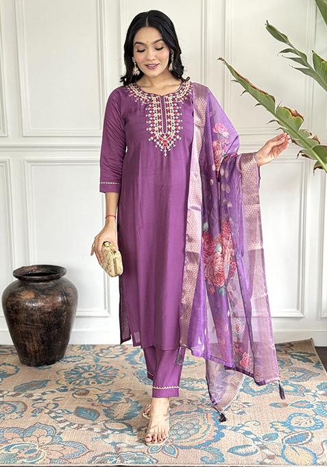 Purple Embroidered Chanderi Viscose Kurta Set