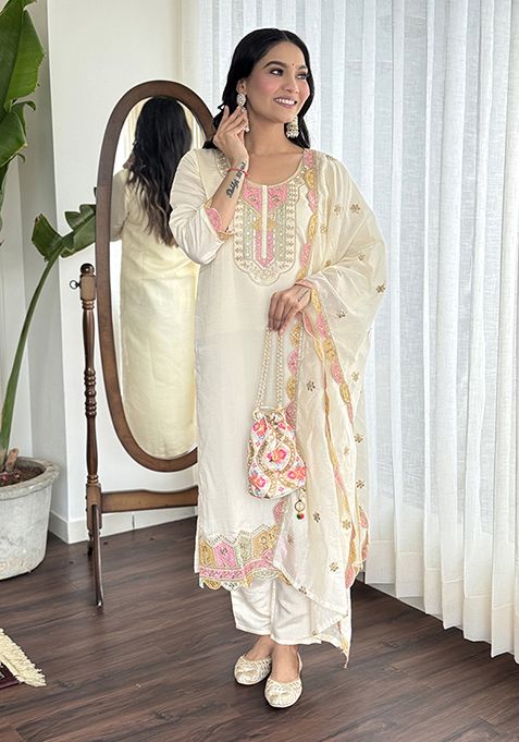 Off White Embroidered Chanderi Viscose Kurta Set