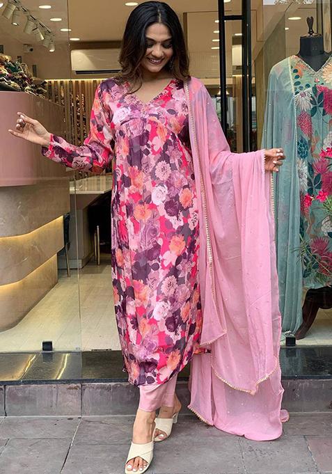 Pink Embroidered Silk Kurta Set