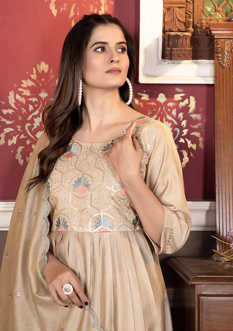 Beige Embroidered Chanderi Viscose Kurta Set