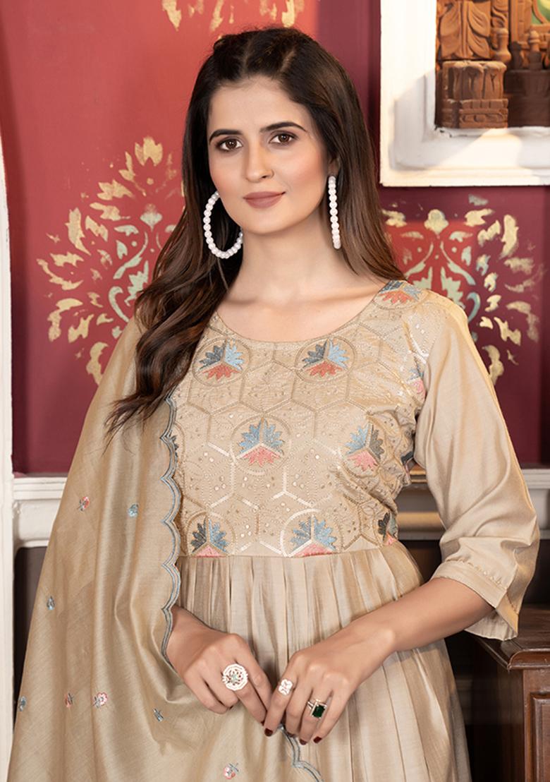 Beige Embroidered Chanderi Viscose Kurta Set