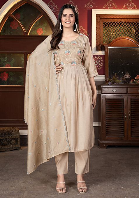 Beige Embroidered Chanderi Viscose Kurta Set