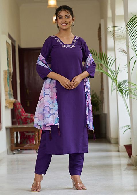 Purple Embroidered Rayon Kurta Set