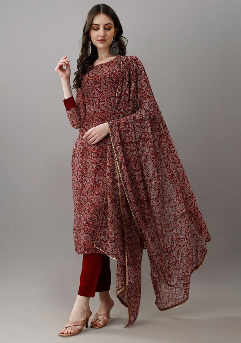 Maroon Embroidered Faux Georgette Kurta Set