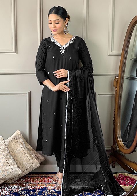 Black Embroidered Rayon Kurta Set