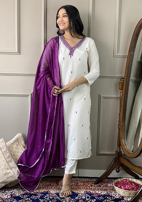 White Embroidered Rayon Kurta Set