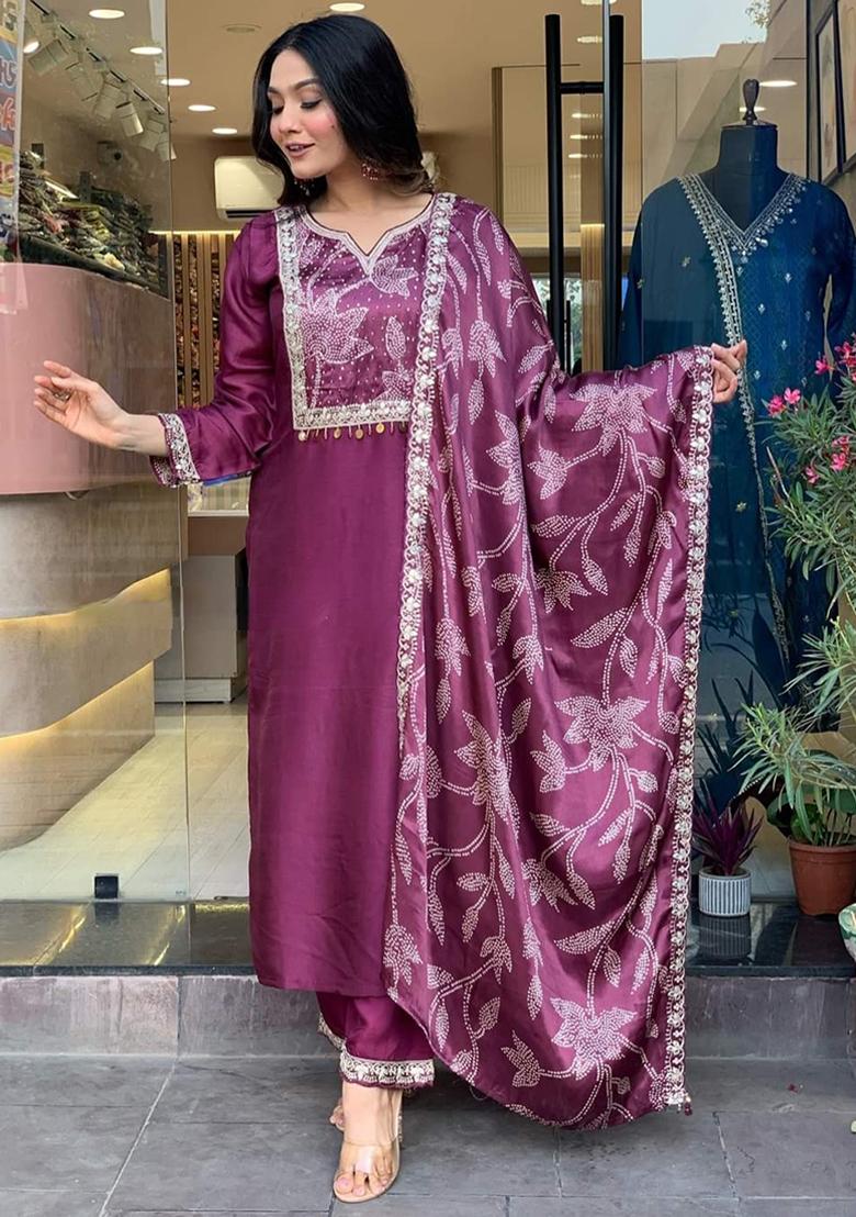 Purple Embroidered Chanderi Viscose Kurta Set