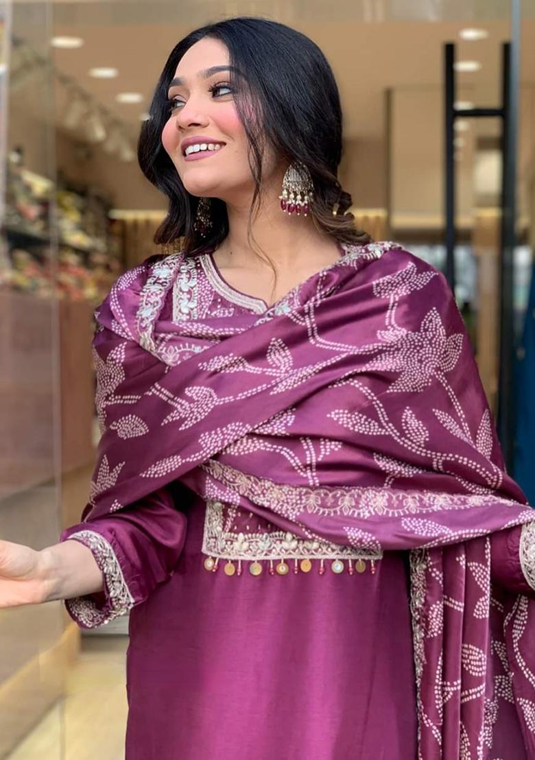 Purple Embroidered Chanderi Viscose Kurta Set