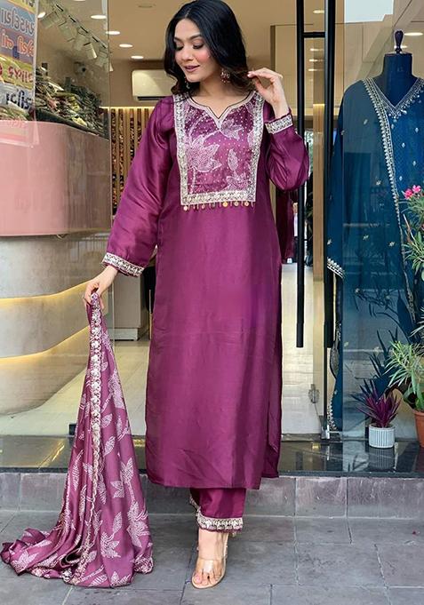 Purple Embroidered Chanderi Viscose Kurta Set