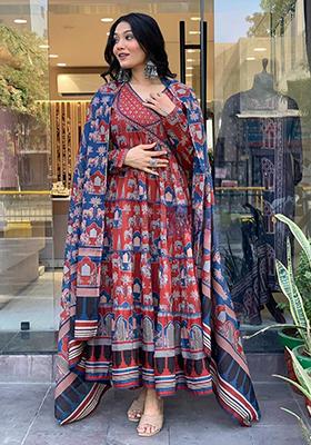 Maroon Embroidered Cotton Kurta Set