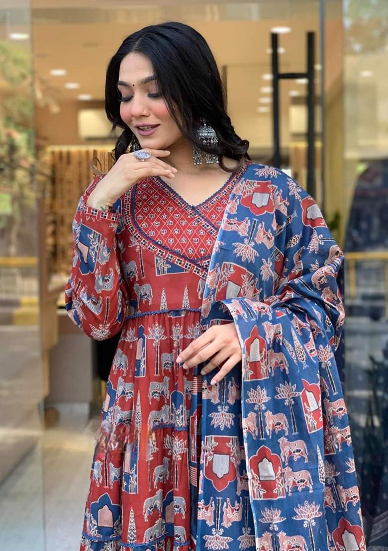 Maroon Embroidered Cotton Kurta Set