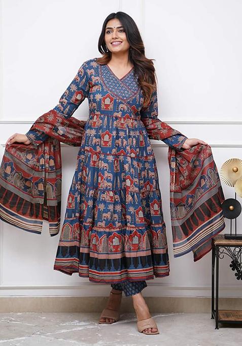 Blue Embroidered Cotton Kurta Set