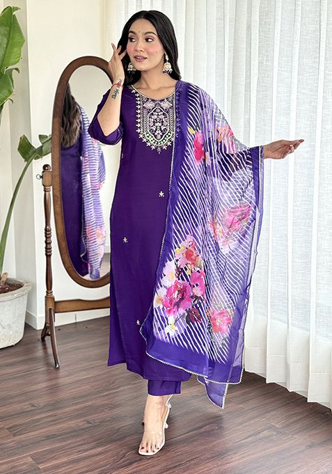 Purple Embroidered Chanderi Viscose Kurta Set