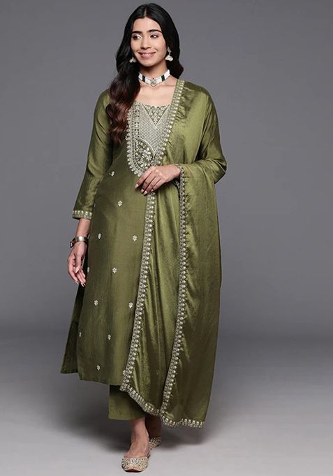 Dark Green Embroidered Chanderi Viscose Kurta Set