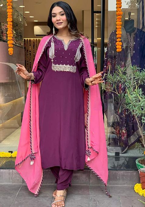 Dark Purple Embroidered Silk Kurta Set