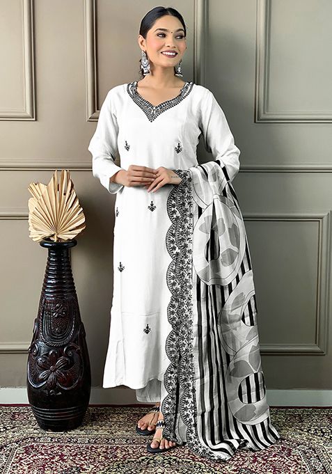 White Embroidered Chanderi Viscose Kurta Set