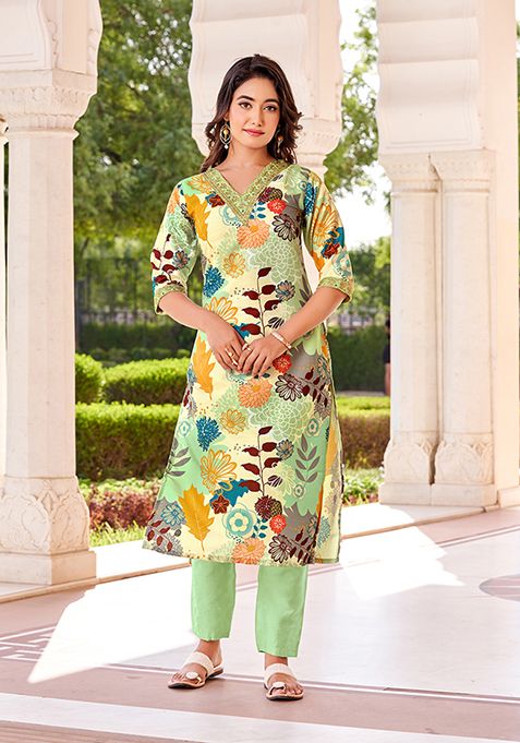 Multicolour Embroidered Muslin Kurta Set