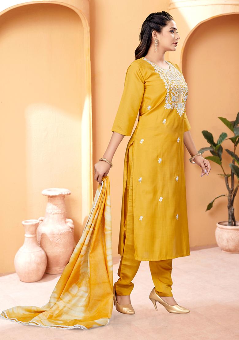 Mustard Embroidered Chanderi Viscose Kurta Set