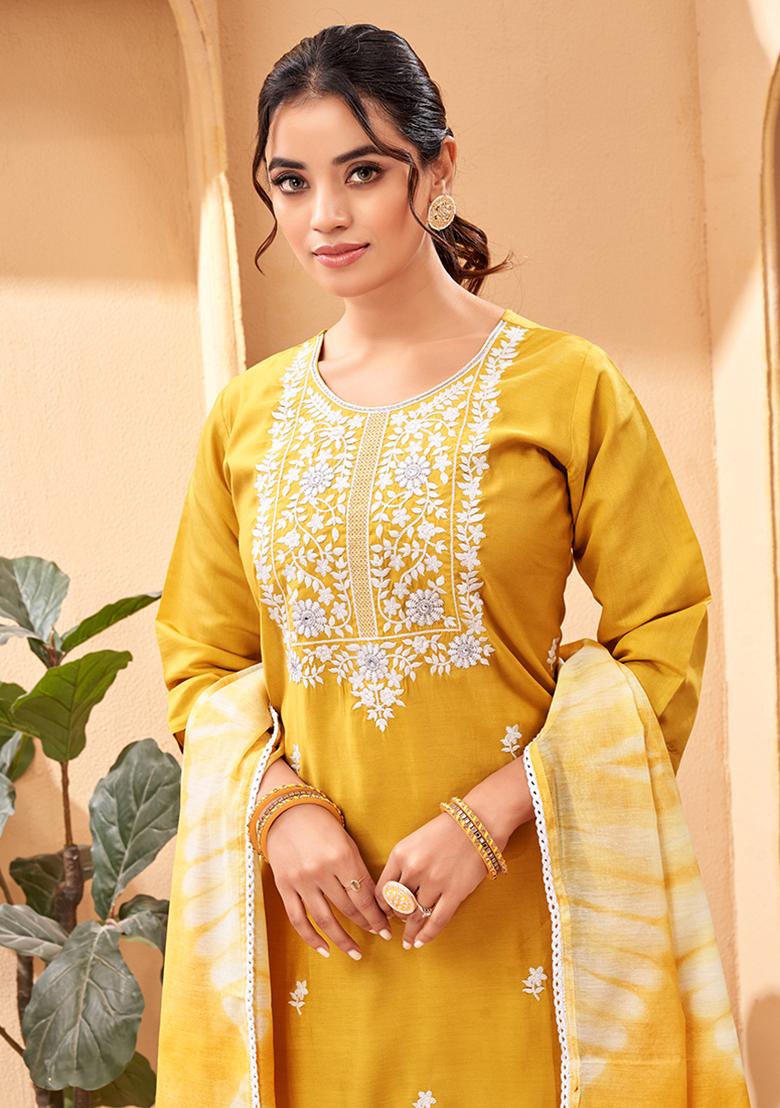 Mustard Embroidered Chanderi Viscose Kurta Set