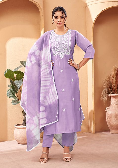 Lavender Embroidered Chanderi Viscose Kurta Set