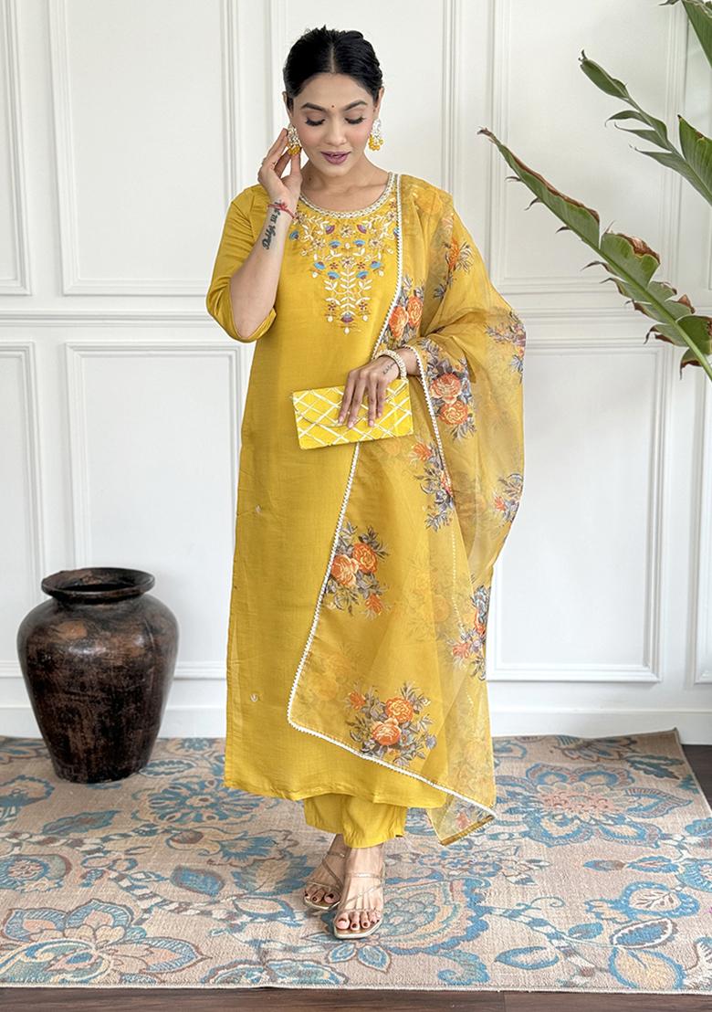 Mustard Embroidered Chanderi Viscose Kurta Set