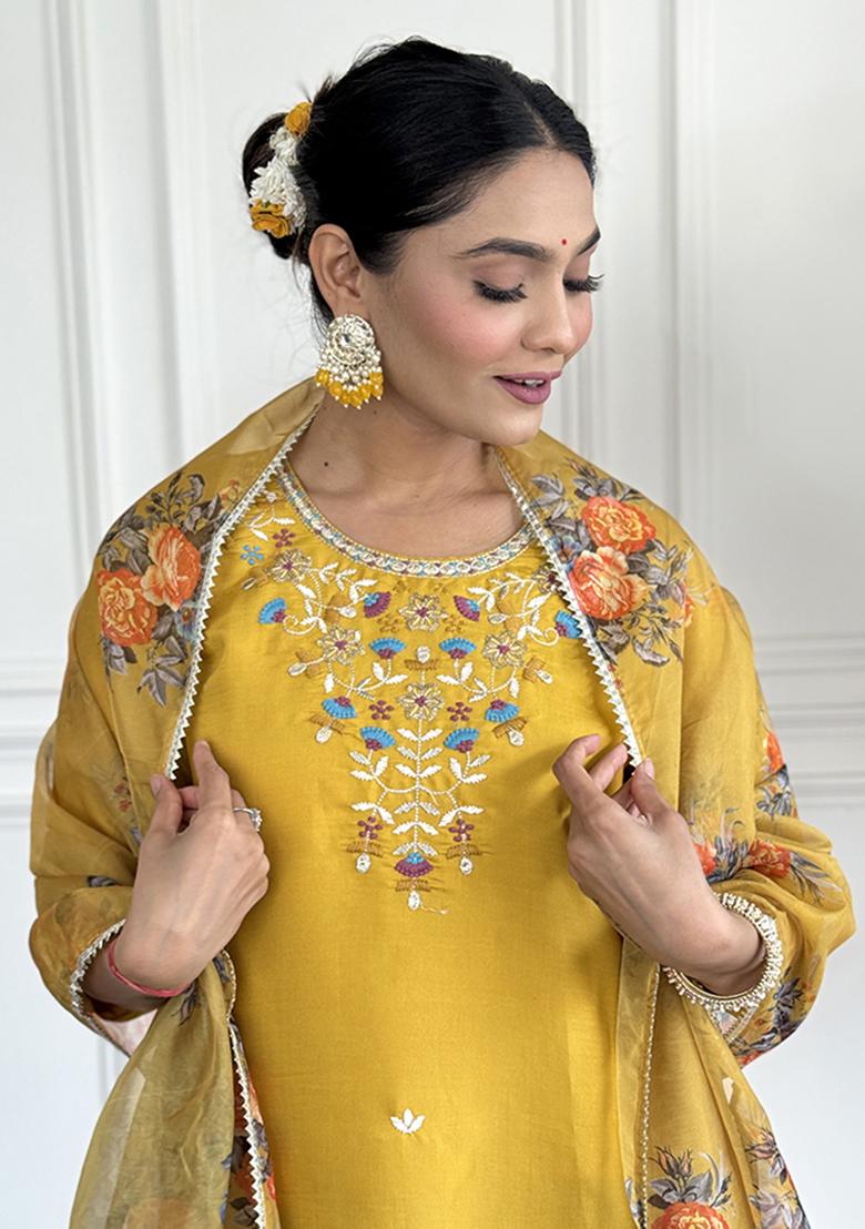 Mustard Embroidered Chanderi Viscose Kurta Set
