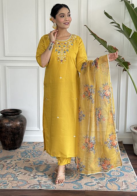 Mustard Embroidered Chanderi Viscose Kurta Set