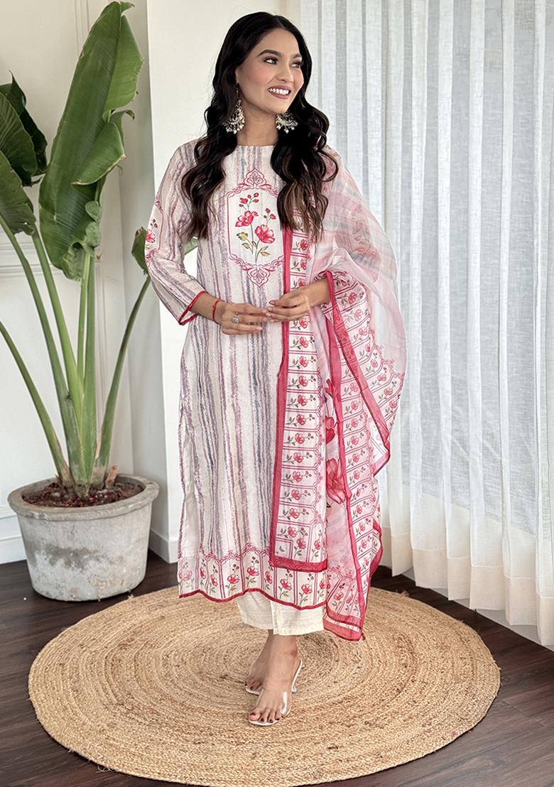 Off White Printed Muslin Kurta Set