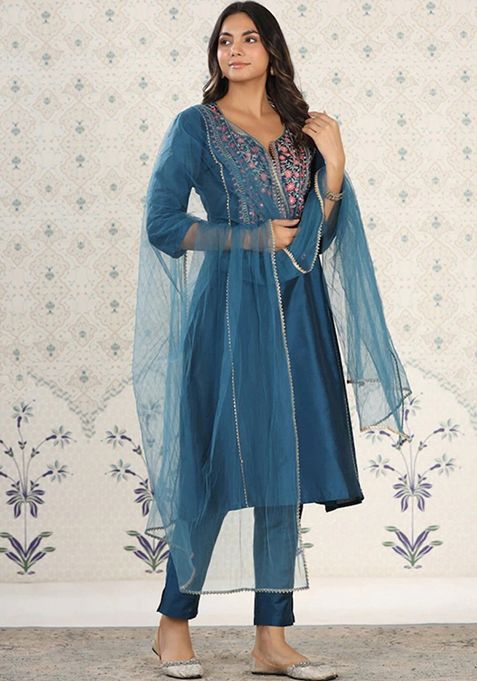 Navy Blue Embroidered Chanderi Viscose Kurta Set