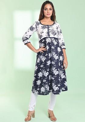 Navy Blue Floral Print Cotton Kurta Set