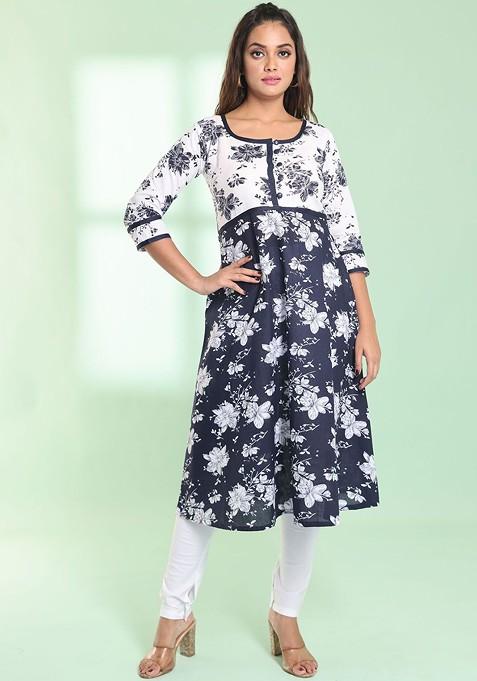 Navy Blue Floral Print Cotton Kurta Set