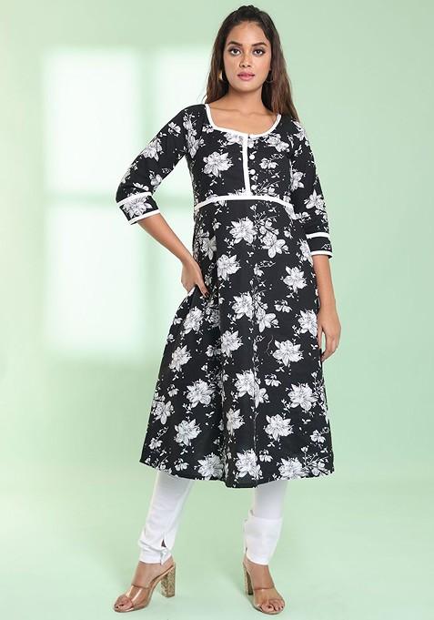 Black Floral Print Cotton Kurta Set