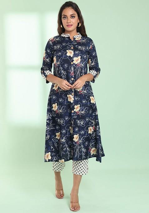 Navy Blue Floral Print Rayon Kurta Set